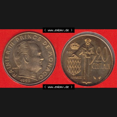 Münzen Monaco Umlaufmünze 1962-1995, 20 Centimes 1995 (3) Sammlung