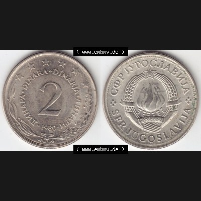 Münzen Jugoslawien Umlaufmünze 1971-1981, 2 Dinara, Dinarja 1980, Bild mit Vollansicht als Bildmaterial Sammlung