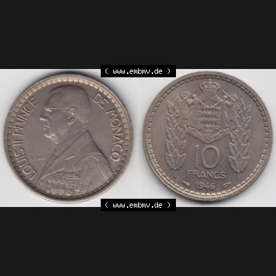 Münzen Monaco Umlaufmünze 1946-1946, 10 Fr, Francs, Franken, Louis II Prince de Monaco (3) Sammlung