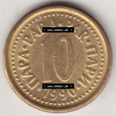 Münzen Jugoslawien Umlaufmünze 1990-1991, 10 Para 1990, Bild mit Rückseite der Münze als Bildmaterial Sammlung