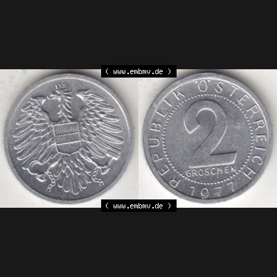 Münzen Österreich Umlaufmünze 1950-1994, 2 Groschen 1977, Münze aus Österreich mit Münzseiten Horizontal / Nebeneinander auf einen Bild für Mobile-Geräte... Sammlung