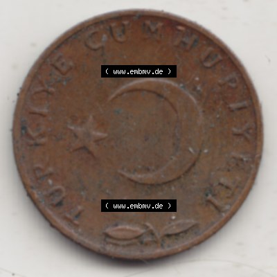 Münzen Türkei Umlaufmünze 1958-1968, 5 Kurus 1967. Vorderseite der Münze der Türkei als Bildmaterial für Sammler und Münzen-Webseiten hier im online Katalog... Sammlung