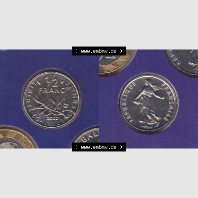 Münze Frankreich 2000, 0,50 Francs. Vorderseite und Rückseite horizontal auf einen digitalen Bild der alten französischen Umlaufmünze aus Frankreich in der Francs-Währung... Sammlung