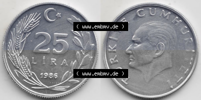 Münzen Türkei Umlaufmünze 1985-1989, 25 Lira - Lire 1986. Vorderseite und Rückseite der Münze der Türkei auf einen Digitalen... Sammlung