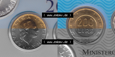 Münzen Italien Umlaufmünze 1977-2001, 200 Lire, Zahnrad 2001, Bild mit Vollansicht zum Download Sammlung