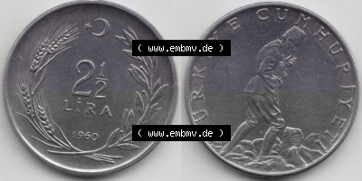 Münzen Türkei Umlaufmünze 1960-1968, 2.50 Lira 1960. Vorderseite und Rückseite der Münze der Türkei auf einen Digitalen... Sammlung