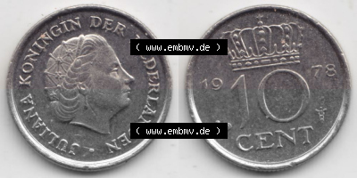 Münzen Niederlande Umlaufmünze 1950-1980, 10 Cent 1978, Bild mit horizontaler Vollansicht als Bildmaterial Sammlung