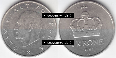 Münzen Norwegen Umlaufmünze 1974-1991, 1 Krone 1981, Münze aus Norwegen -.-.- Sammlung