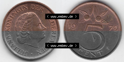 Münzen Niederlande Umlaufmünze 1979, 5 Cent, Bild mit Vollansicht Sammlung