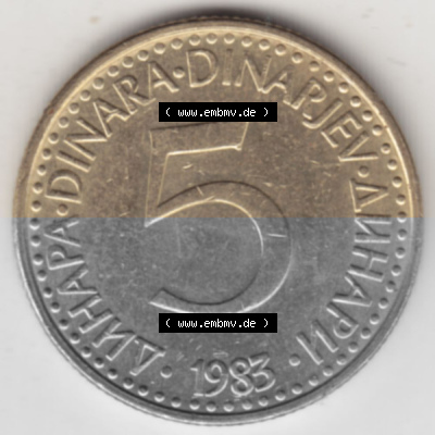 Münzen Jugoslawien Umlaufmünze 1982-1986, 5 Dinar 1983, Bild mit Rückseite der Münze als Bildmaterial Sammlung