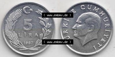 Münzen Türkei Umlaufmünze 1984-1989, 5 Lira - Lire 1987. Vorderseite und Rückseite der Münze der Türkei auf einen Digitalen... Sammlung
