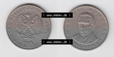 Münzen Polen Umlaufmünze 1974-1983, 20 Zlotych Marceli Nowotko 1976, Bild mit Vollansicht als Bildmaterial Sammlung