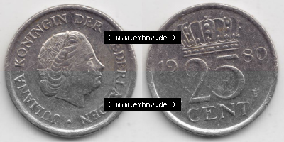 Münzen Niederlande Umlaufmünze 1950-1980, 25 Cent 1980, Bild mit horizontaler Vollansicht als Bildmaterial Sammlung
