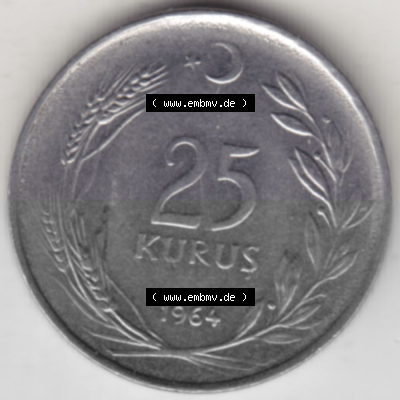 Münzen Türkei Umlaufmünze 1960-1966, 25 Kurus 1964. Rückseite der Münze der Türkei als Bildmaterial für Sammler und Münzen-Webseiten... Sammlung