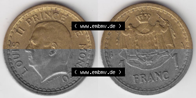 Münzen Monaco Umlaufmünze 1945-1945, 1 Fr, Franc, Franken, Louis II Prince de Monaco (3) Sammlung