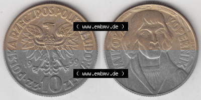 Münzen Polen Gedenkmünze 1959-1965, 10 Zloty Nikolaus Kopernikus 1959, Bild mit Vollansicht als Bildmaterial Sammlung