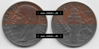 Münzen Italien Umlaufmünze 1936-1939, 10 Centesimi 1937, Bild mit Vollansicht zum Download Sammlung