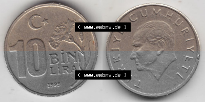 Münzen Türkei Umlaufmünze 1994-1997, 10 Bin Lira, 10000 Lire 1995. Vorderseite und Rückseite der Münze der Türkei auf einen... Sammlung