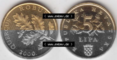 Münzen Kroatien Umlaufmünze 1994-2021, 5 Lipa 2000, Bild mit horizontaler Vollansicht als Bildmaterial Sammlung