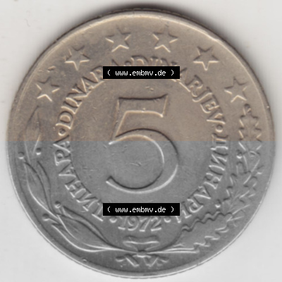Münzen Jugoslawien Umlaufmünze 1971-1981, 5 Dinar 197, Bild mit Rückseite der Münze zum Bildmaterial (2) Sammlung
