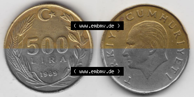 Münzen Türkei Umlaufmünze 1988-1998, 500 Lira - Lire 1989. Vorderseite und Rückseite der Münze der Türkei auf einen Digitalen... Sammlung