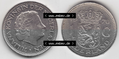 Münzen Niederlande Umlaufmünze 1967-1980, 1 Gulden 1970, Bild mit horizontaler Vollansicht als Bildmaterial Sammlung