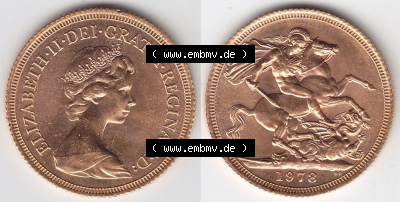 Münzen Großbritannien Goldmünze 1974-1984, 1 Sovereign 1978. Vorderseite und Rückseite horizontal auf einen digitalen Bild... Sammlung