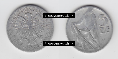 Münzen Polen Umlaufmünze 1958-1974, 5 Zlotych 1958, Bild mit Vollansicht als Bildmaterial Sammlung