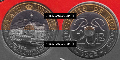 Münzen Monaco Umlaufmünze 1992-1997, 20 Francs 1995. Vorderseite und Rückseite horizontal nebeneinander auf einen digitalen... Sammlung