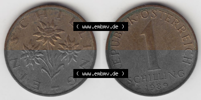 Münzen Österreich Umlaufmünze 1959-2001, 1 Schilling 1989, Münze aus Österreich -.-.- Sammlung