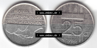 Münzen Niederlande Umlaufmünze 1986, 25 Cent, Bild mit horizontaler Vollansicht als Bildmaterial Sammlung