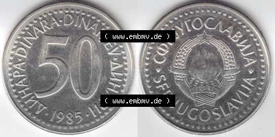 Münzen Jugoslawien Umlaufmünze 1985-1988, 50 Dinara, Dinarjev 1985, Bild mit Vollansicht als Bildmaterial Sammlung