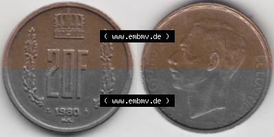 Münzen Luxemburg Umlaufmünze 1980-1983, 20 Francs Franken 1980, Bild mit Vollansicht Sammlung