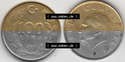 Münzen Türkei Umlaufmünze 1988-1994, 100 Lira - Lire 1991. Vorderseite und Rückseite der Münze der Türkei auf einen Digitalen... Sammlung