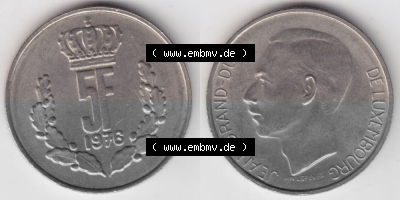 Münzen Luxemburg Umlaufmünze 1971-1981, 5 F, Francs, Franken 1976, Bild mit Vollansicht Sammlung