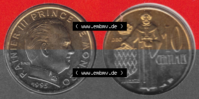 Münzen Monaco Umlaufmünze 1962-1995, 10 Centimes 1995 (3) Sammlung