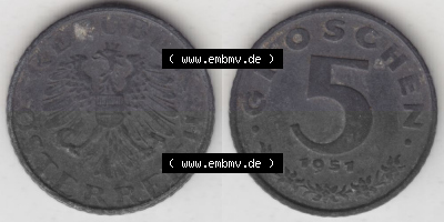Münzen Österreich Umlaufmünze 1948-1994, 5 Groschen 1951, Münze aus Österreich -.-.- Sammlung