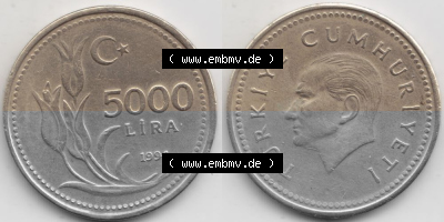 Münzen Türkei Umlaufmünze 1992-1994, 5000 Lira - Lire 1994. Vorderseite und Rückseite der Münze der Türkei auf einen Digitalen... Sammlung
