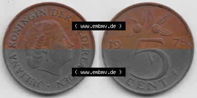 Münzen Niederlande Umlaufmünze 1950-1980, 5 Cent 1978, Bild mit horizontaler Vollansicht als Bildmaterial Sammlung