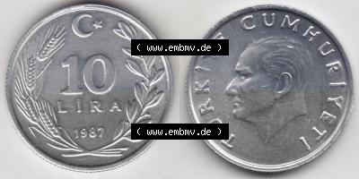 Münzen Türkei Umlaufmünze 1984-1989, 10 Lira - Lire 1987. Vorderseite und Rückseite der Münze der Türkei auf einen Digitalen... Sammlung