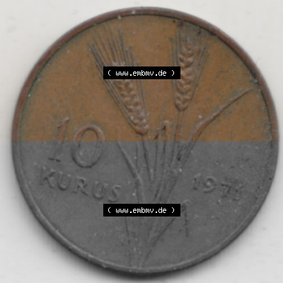 Münzen Türkei Umlaufmünze 1969-1973, 10 Kurus 1971. Rückseite der Münze der Türkei als Bildmaterial für Sammler und Münzen-Webseiten... Sammlung