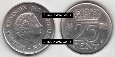 Münzen Niederlande Umlaufmünze 1950-1980, 25 Cent 1972, Bild mit horizontaler Vollansicht als Bildmaterial Sammlung