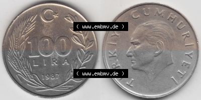 Münzen Türkei Umlaufmünze 1984-1988, 100 Lira - Lire 1987. Vorderseite und Rückseite der Münze der Türkei auf einen Digitalen... Sammlung