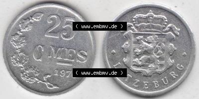 Münzen Luxemburg Umlaufmünze 1954-1972, 25 Centimes - C-MES 1970 I., Bild mit Vollansicht Sammlung