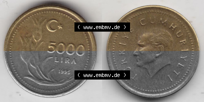 Münzen Türkei Umlaufmünze 1995-1998, 5000 Lira - Lire 1995. Vorderseite und Rückseite der Münze der Türkei auf einen Digitalen... Sammlung