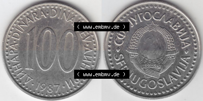 Münzen Jugoslawien Umlaufmünze 1985-1988, 100 Dinara, Dinarjev 1985, Bild mit Vollansicht als Bildmaterial Sammlung