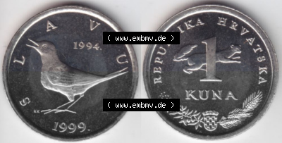 Münzen Kroatien Umlaufmünze 1993-2021, 1 Kuna 1999, Bild mit horizontaler Vollansicht als Bildmaterial Sammlung
