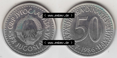 Münzen Jugoslawien Umlaufmünze 1985-1988, 50 Dinar 1986, Bild mit Vollansicht als Bildmaterial Sammlung