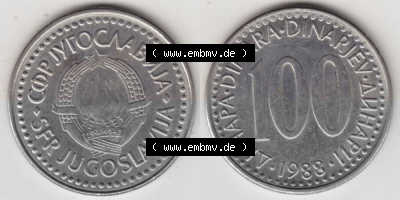 Münzen Jugoslawien Umlaufmünze 1985-1988, 100 Dinar 1988, Bild mit Vollansicht als Bildmaterial Sammlung