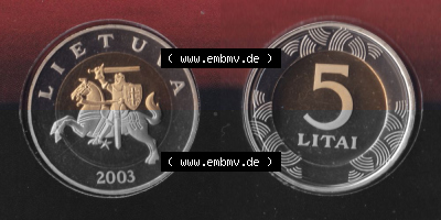 Münzen Litauen Umlaufmünze 1998-2014, 5 Litai 2003, Bild mit Vollansicht aus offiziellen Münzsatz / KMS 2003 Sammlung